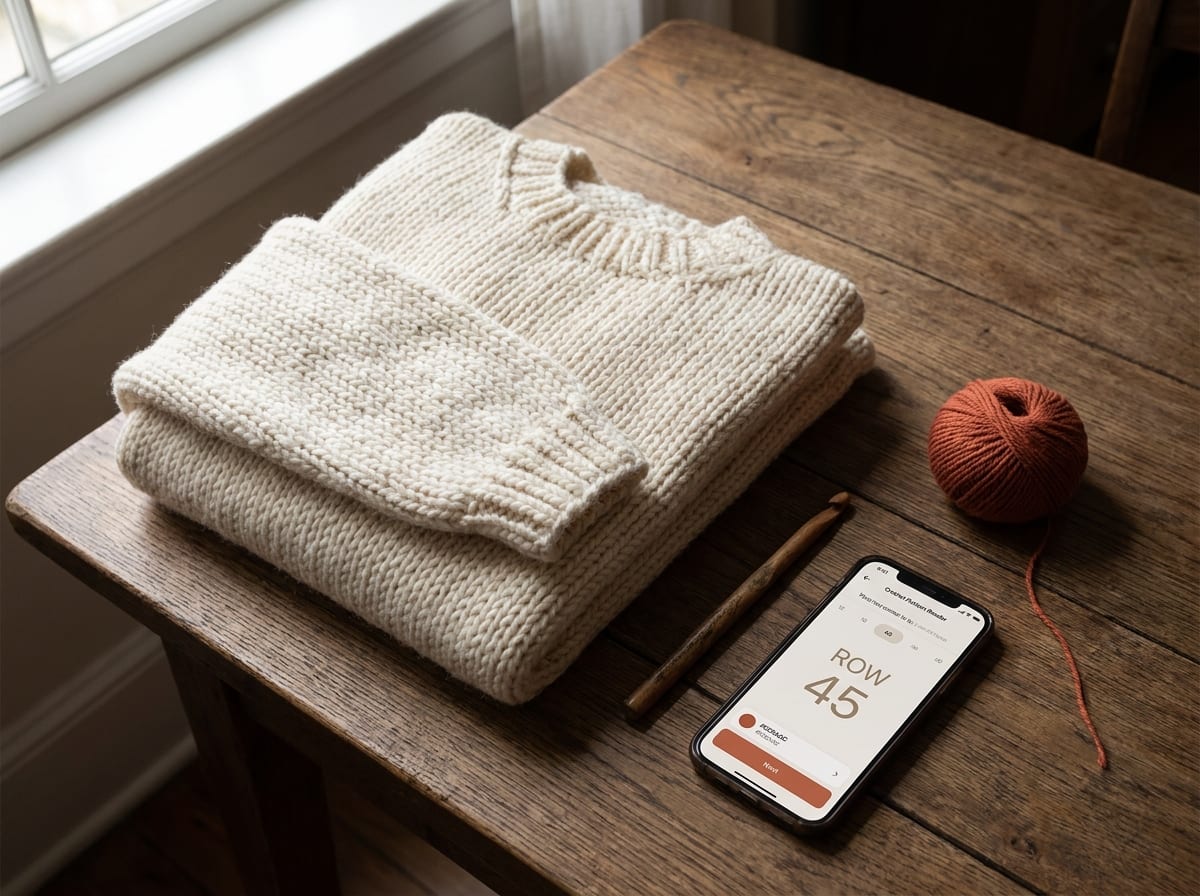 A top-down lifestyle shot of a hand-knit cream wool sweater on a warm oak table, with a wooden crochet hook, a small ball of terracotta yarn, and an iPhone showing the CrochetZen app pattern reader.